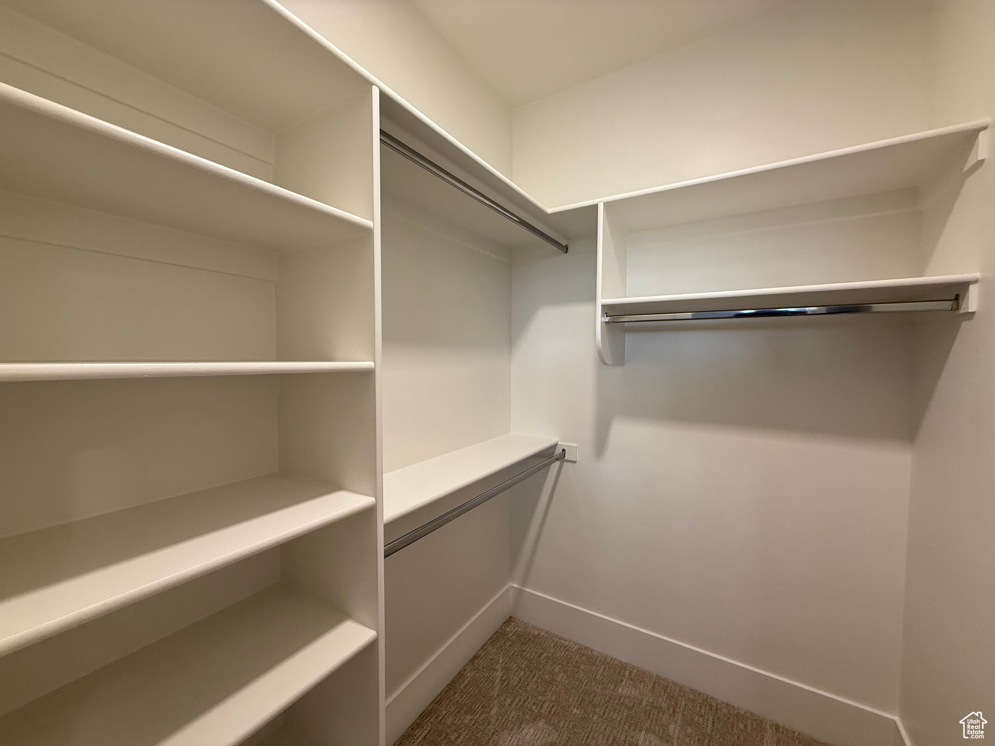 Spacious closet with dark colored carpet