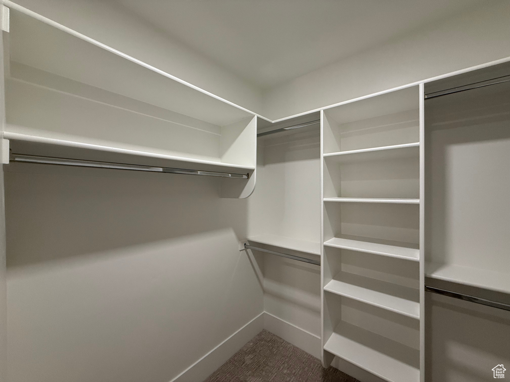 Spacious closet with dark carpet