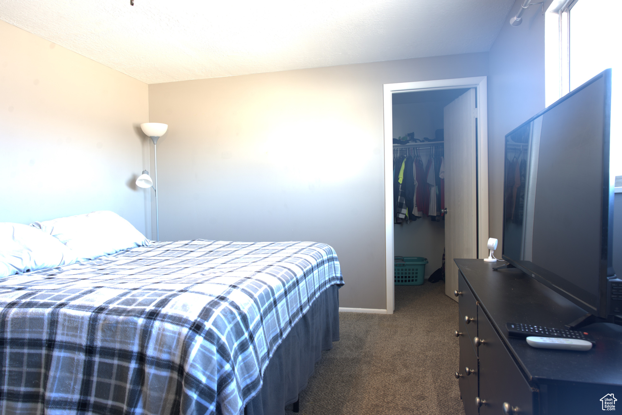 Bedroom featuring a spacious closet, baseboards, a closet, and dark colored carpet