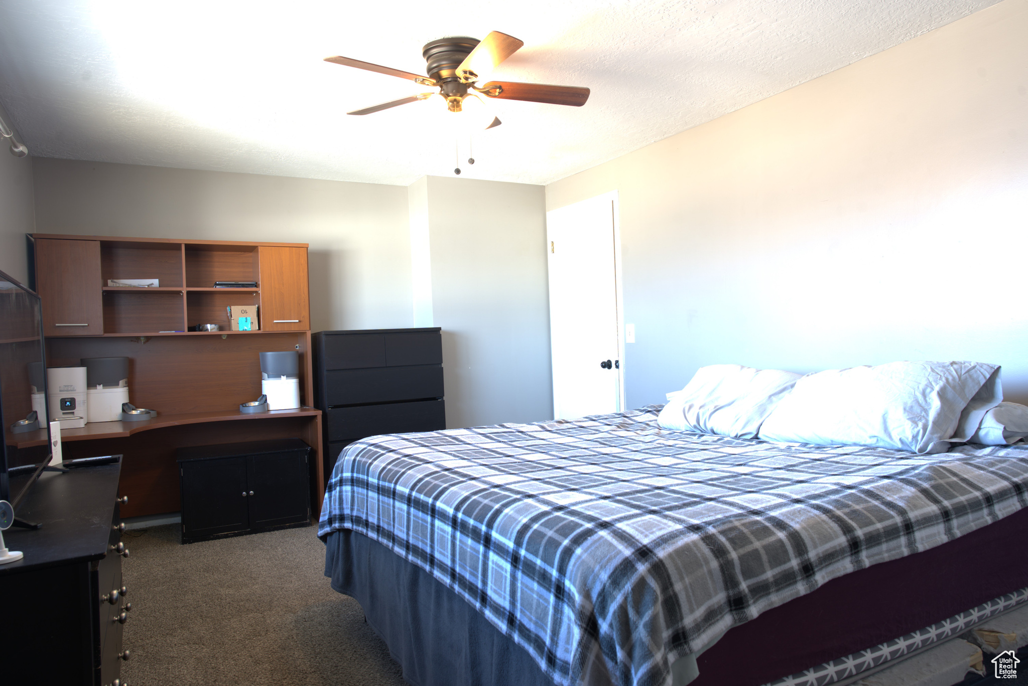 Bedroom featuring carpet floors and ceiling fan