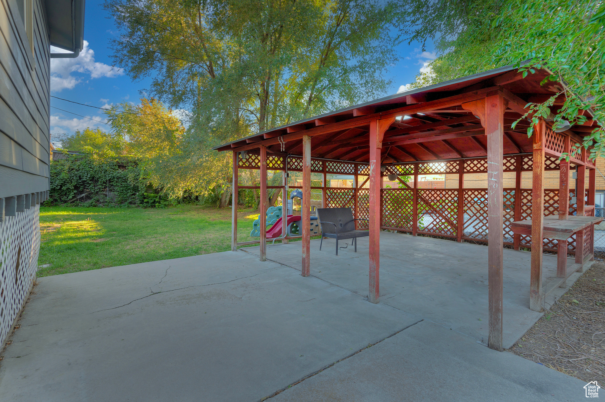 View of patio featuring a gazebo