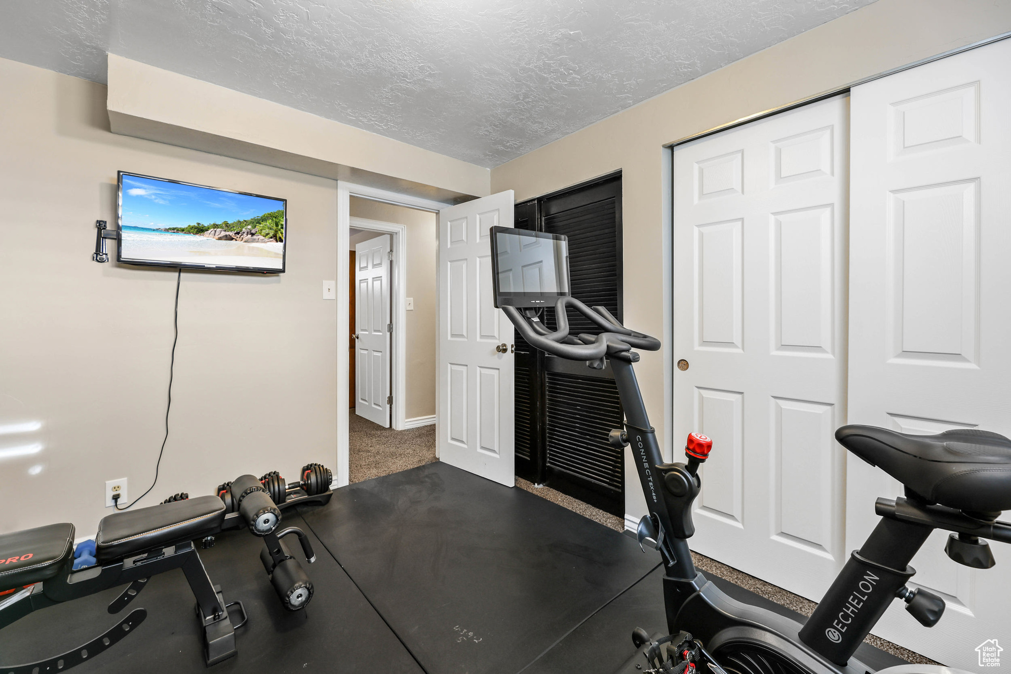 Exercise room featuring carpet flooring and a textured ceiling