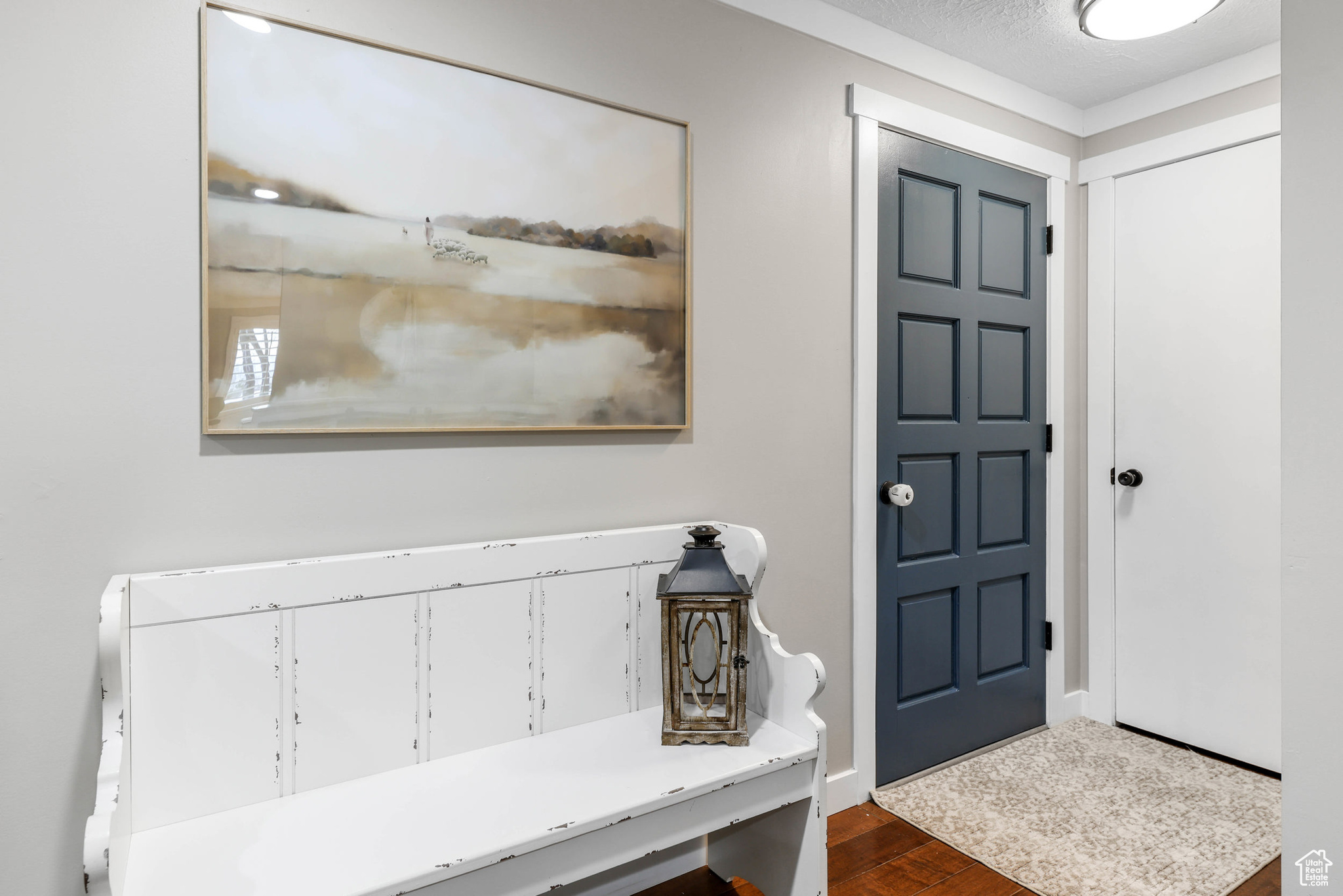 Foyer entrance featuring a textured ceiling and dark wood finished floors