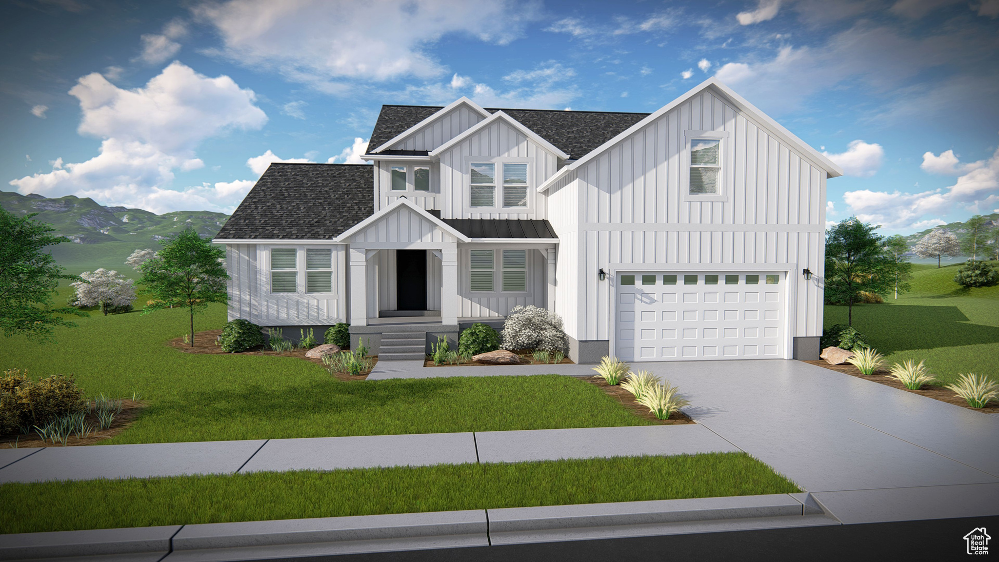 Modern farmhouse style home with a front lawn, board and batten siding, and driveway