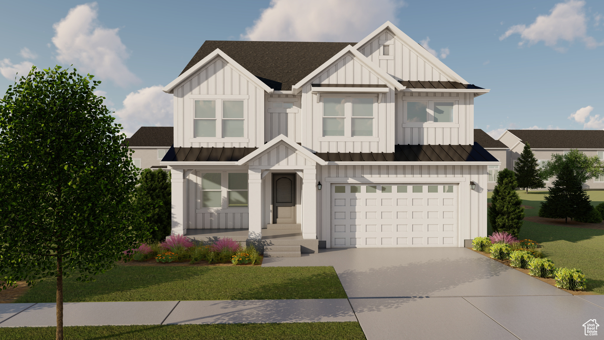 Modern inspired farmhouse with driveway, a front yard, board and batten siding, and an attached garage
