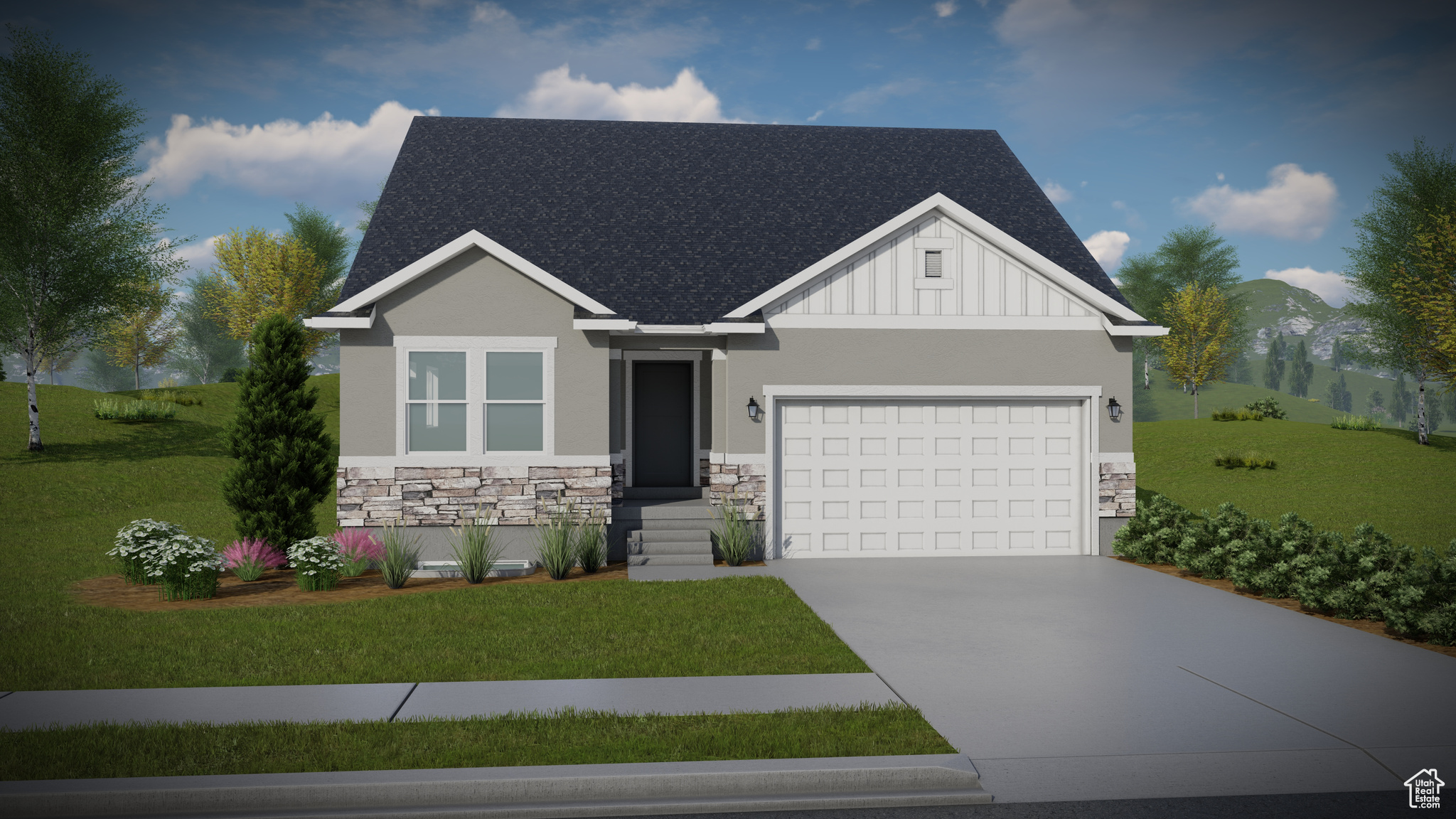 View of front of property with stone siding, a mountain view, board and batten siding, concrete driveway, and an attached garage