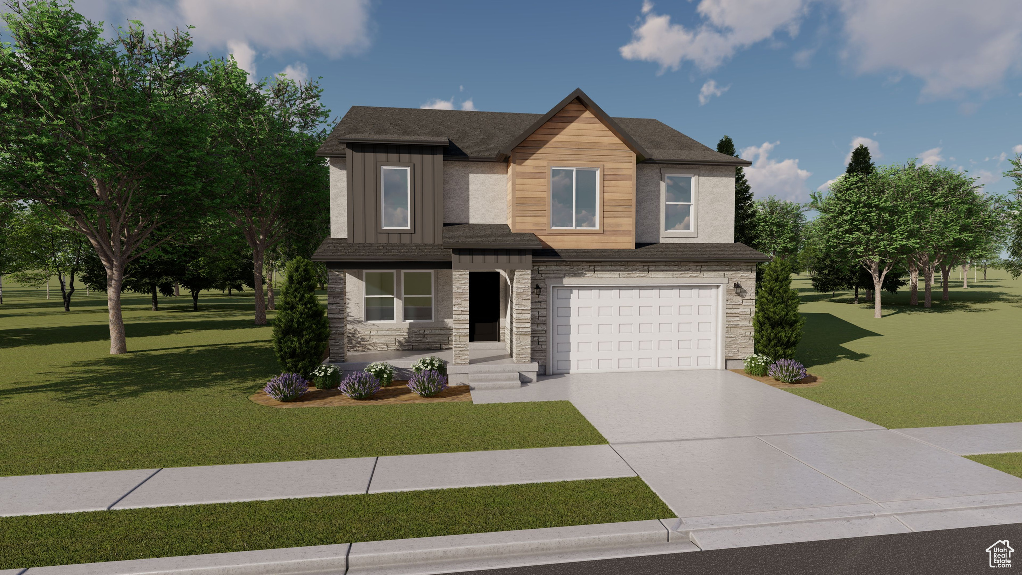 Craftsman-style home with a front lawn, stone siding, board and batten siding, concrete driveway, and a garage