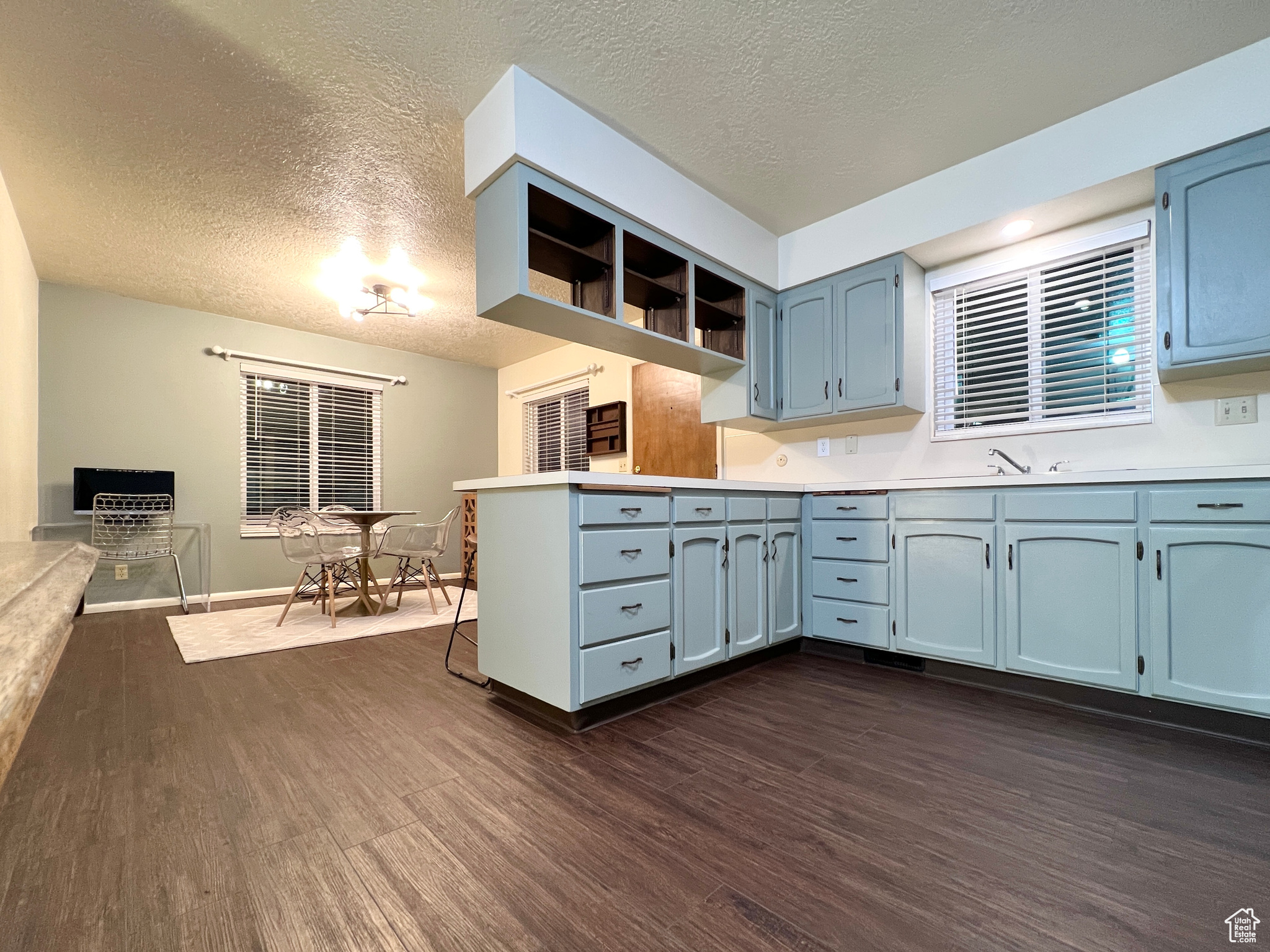 Kitchen featuring a peninsula, blue cabinetry, dark wood-style floors, and light countertops