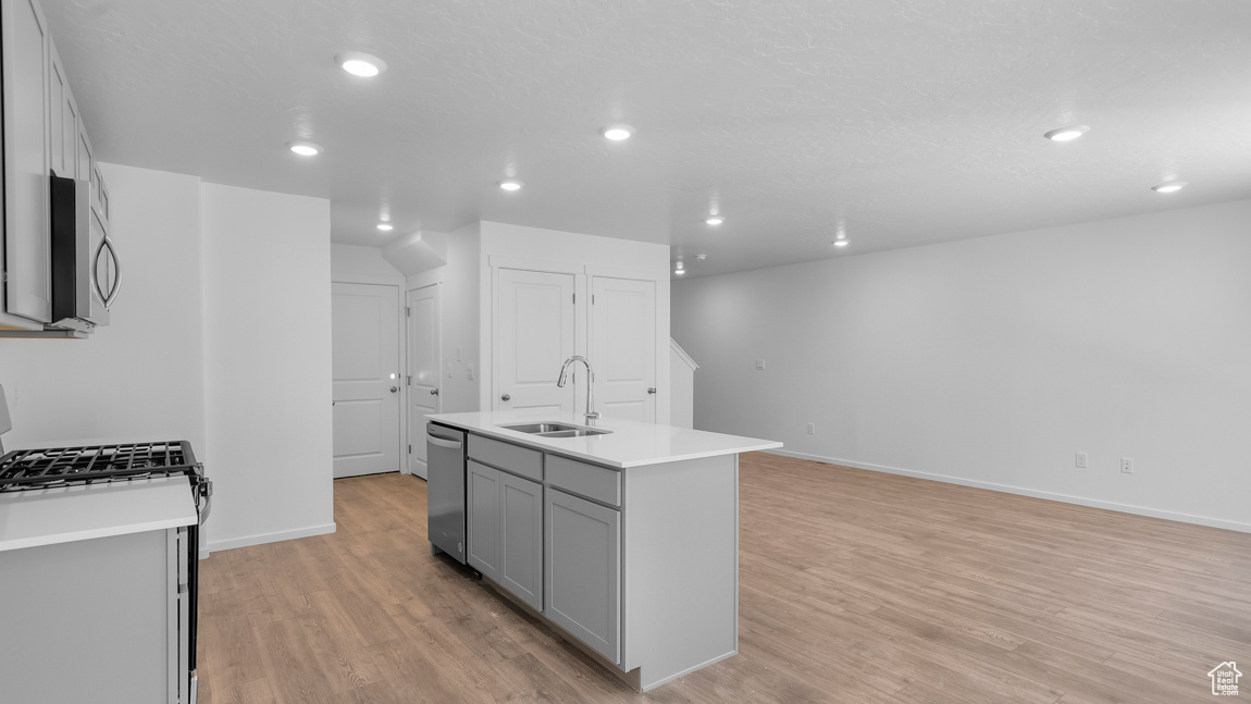 Kitchen featuring a center island with sink, light wood finished floors, gray cabinets, stainless steel appliances, and a sink