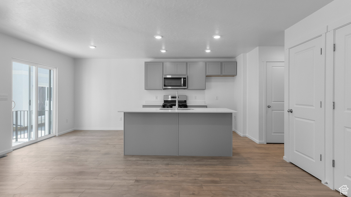 Kitchen featuring gray cabinetry, an island with sink, light wood-style floors, appliances with stainless steel finishes, and light countertops