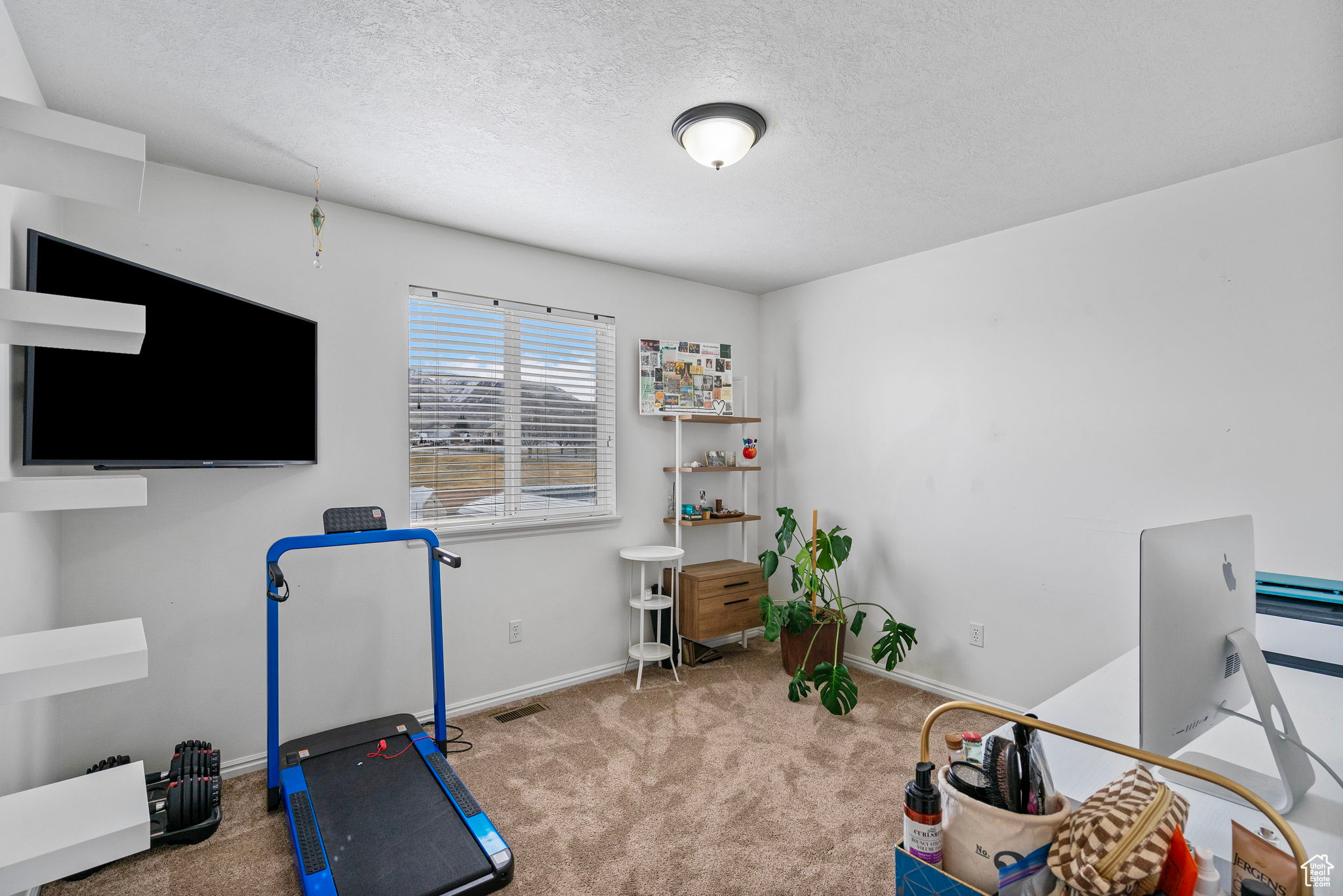 Exercise room featuring visible vents, carpet, baseboards, and a textured ceiling