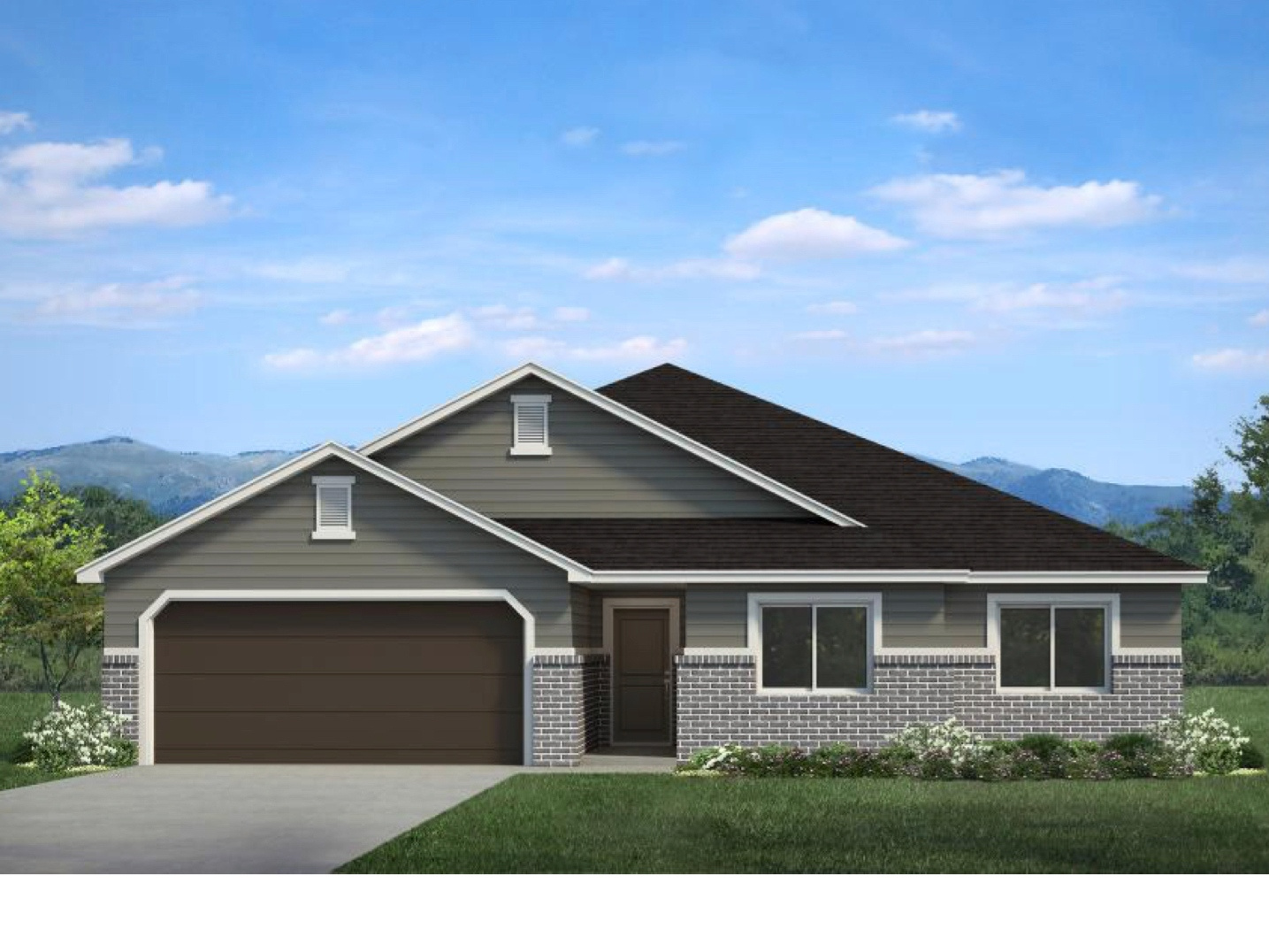 View of front of property featuring a front yard, driveway, an attached garage, brick siding, and a mountain view