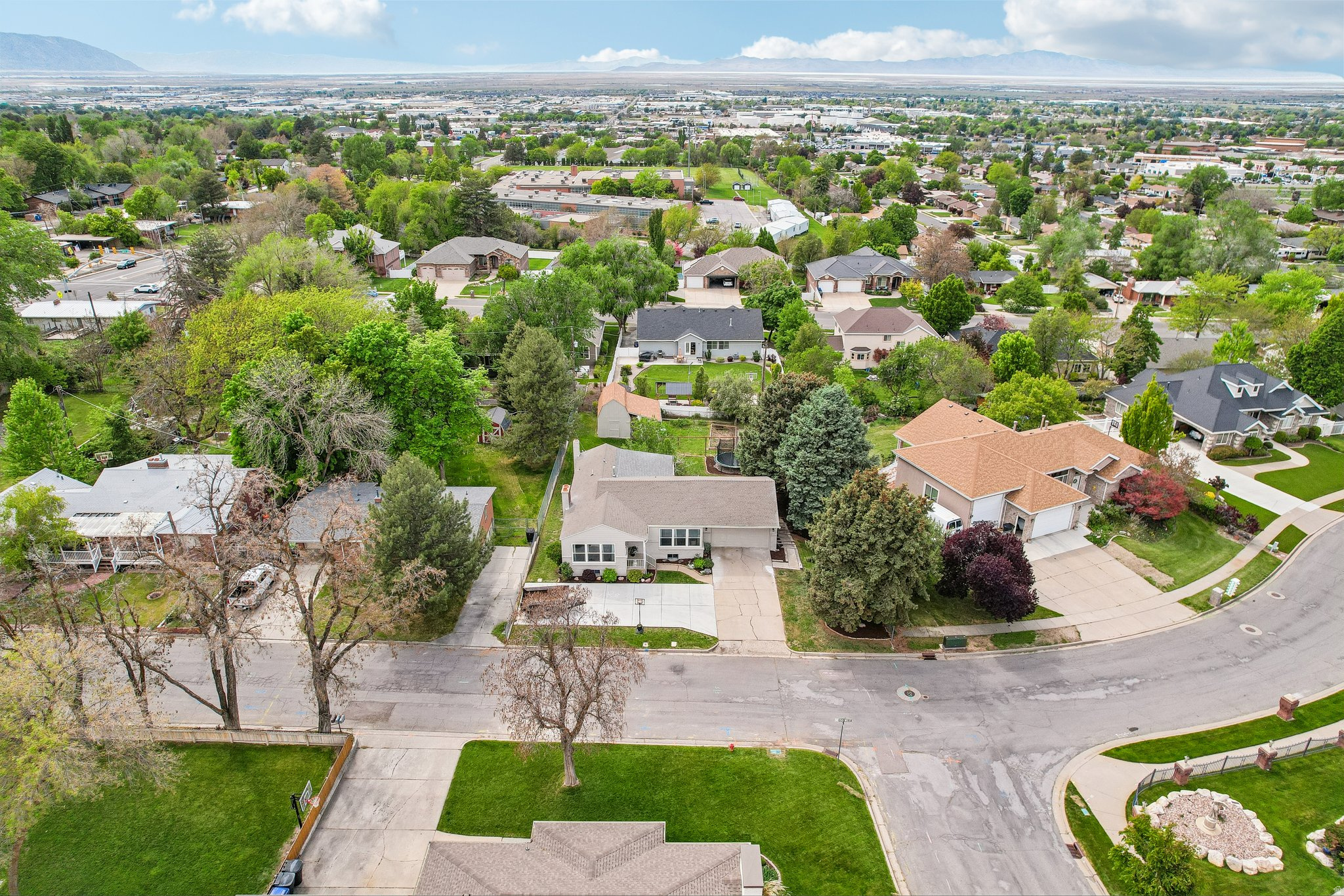 Expansive aerial perspective showcasing a residential neighborhood with mature trees and well-maintained properties