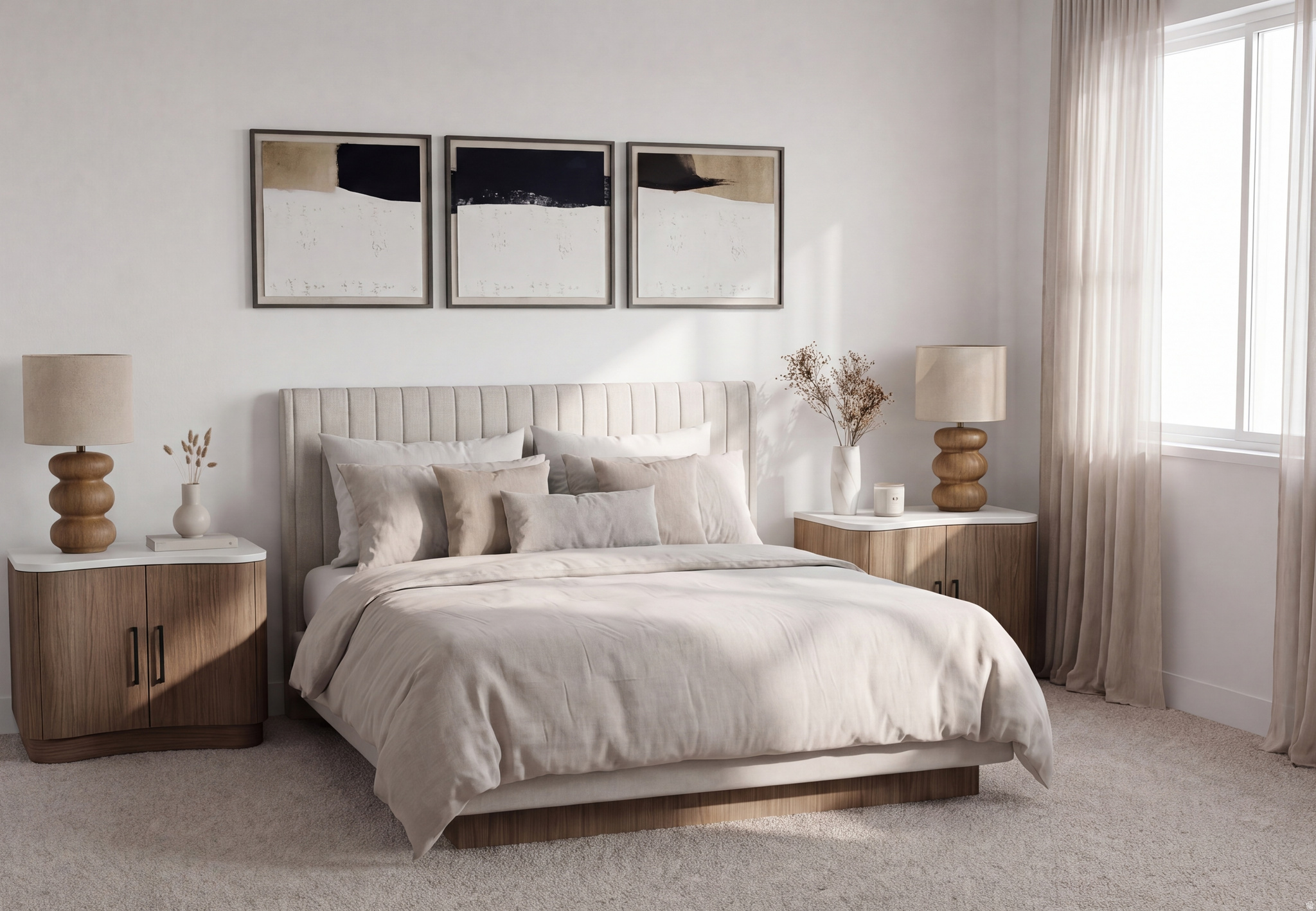 Bedroom featuring a paneled headboard, twin wood-finish nightstands with stone tops, light-colored carpeting, and a window with sheer curtains