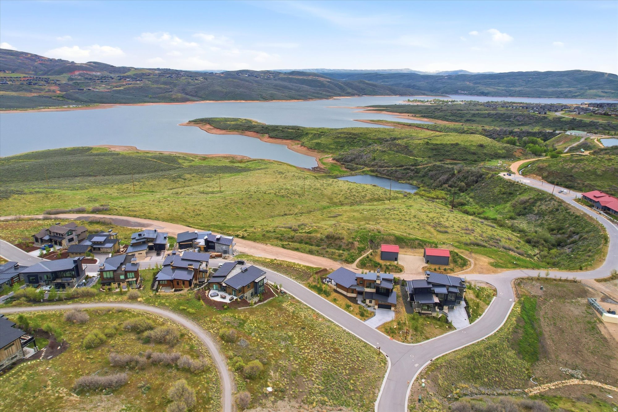 Aerial perspective showcasing a residential development with modern architecture