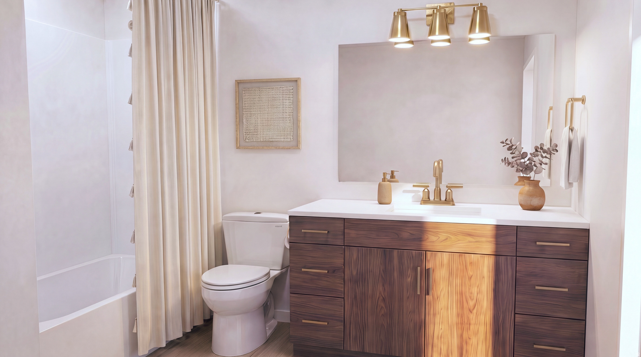 Bathroom featuring a wood-finish vanity with ample storage, a white countertop, and a rectangular undermount sink