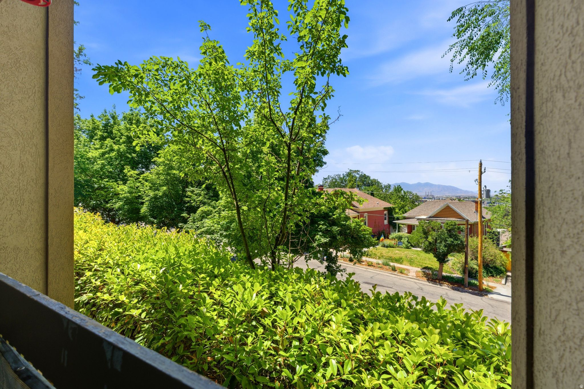 Lush green foliage and mature trees frame a residential street with distant mountain peaks under a clear blue sky
