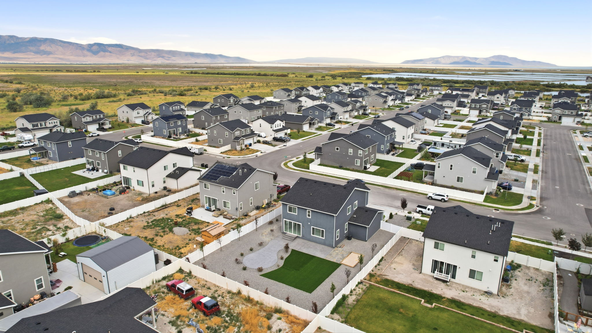 Aerial perspective showcasing a residential community with varied architectural styles