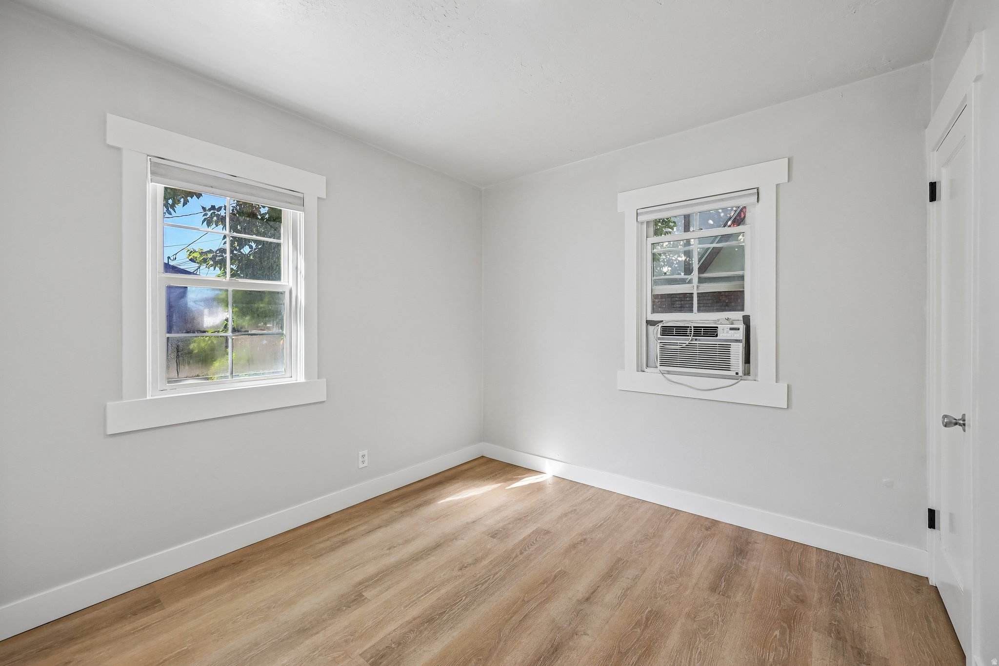 Bright, light-filled bedroom featuring two double-hung windows with white trim, wood-finish flooring, and fresh white walls with neutral paint throughout