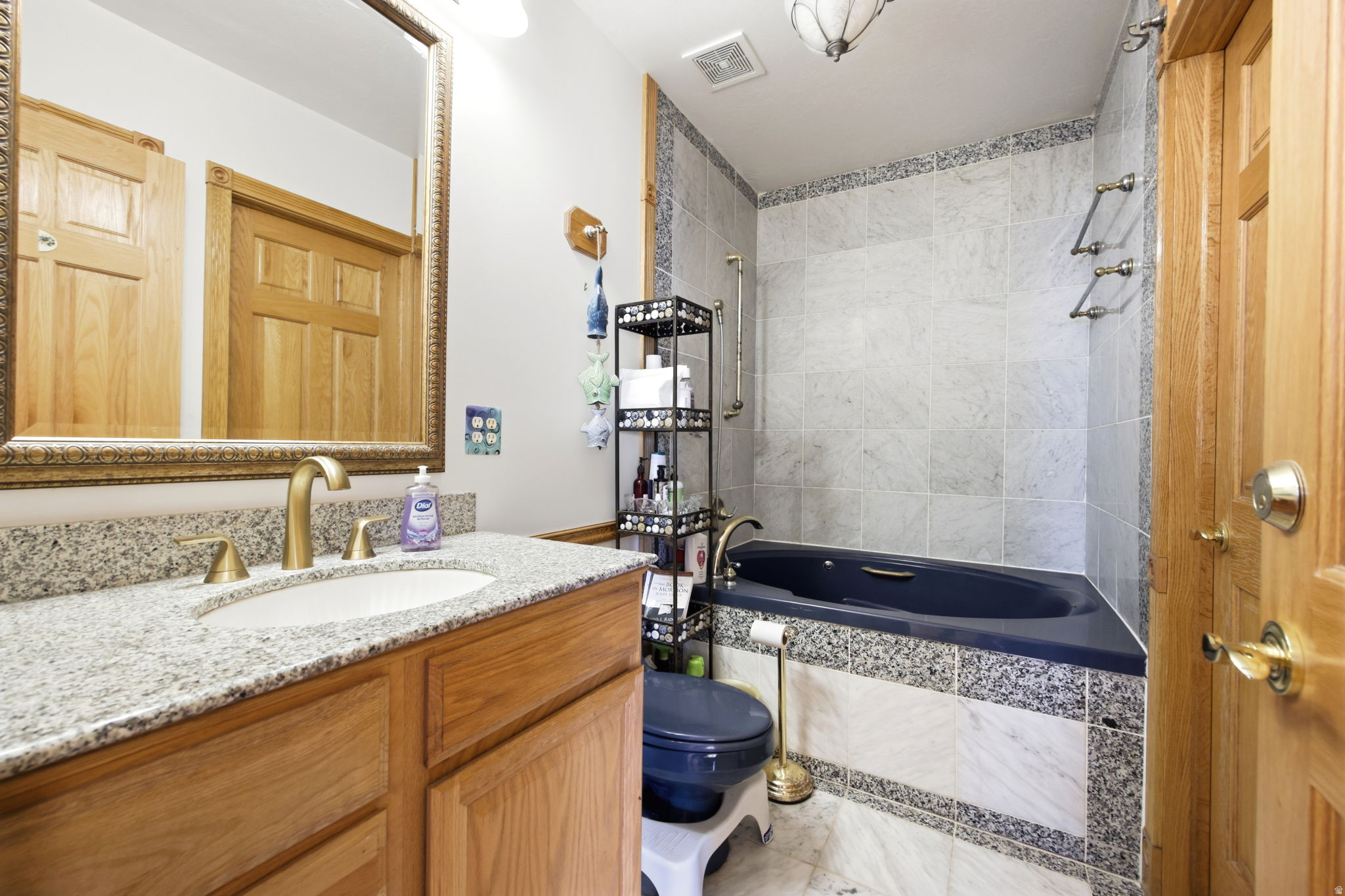 Main Home - Bathroom featuring a granite-finish vanity with an under mount sink and a gold-tone faucet