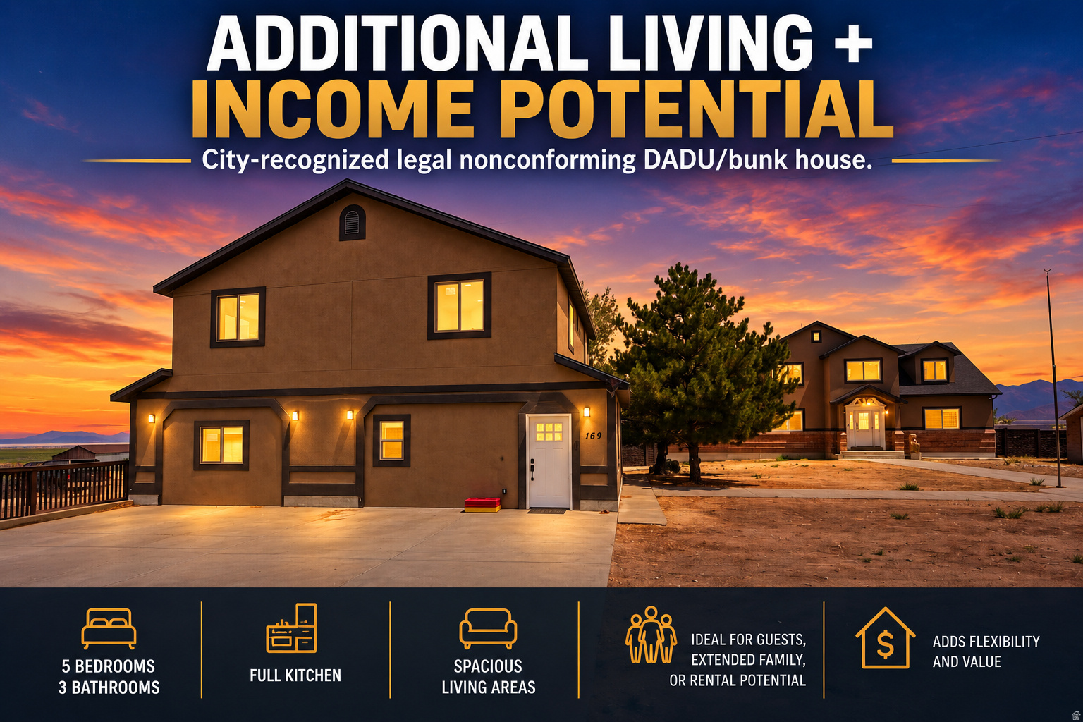 Real Estate Marketing Image. Displaying a property with a city-recognized legal nonconforming DADU/bunk house, featuring 5 bedrooms, 3 bathrooms, a full kitchen, and significant living areas, with details regarding occupancy and financial considerations