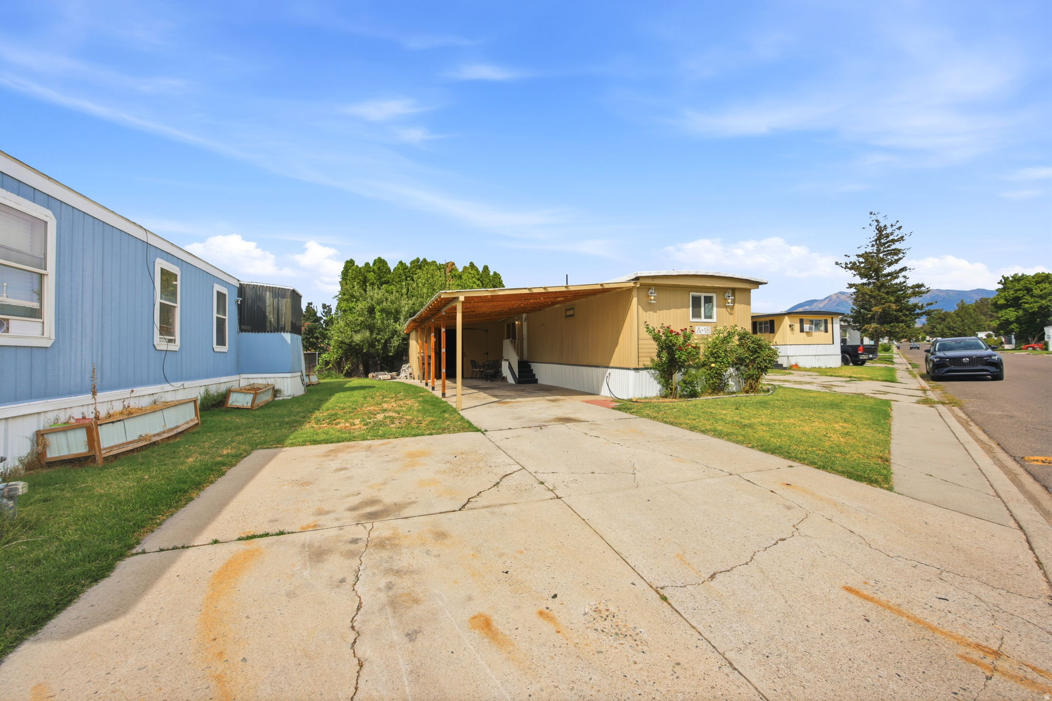 Yellow-sided property featuring a covered carport, concrete driveway, and a small front yard with green lawn