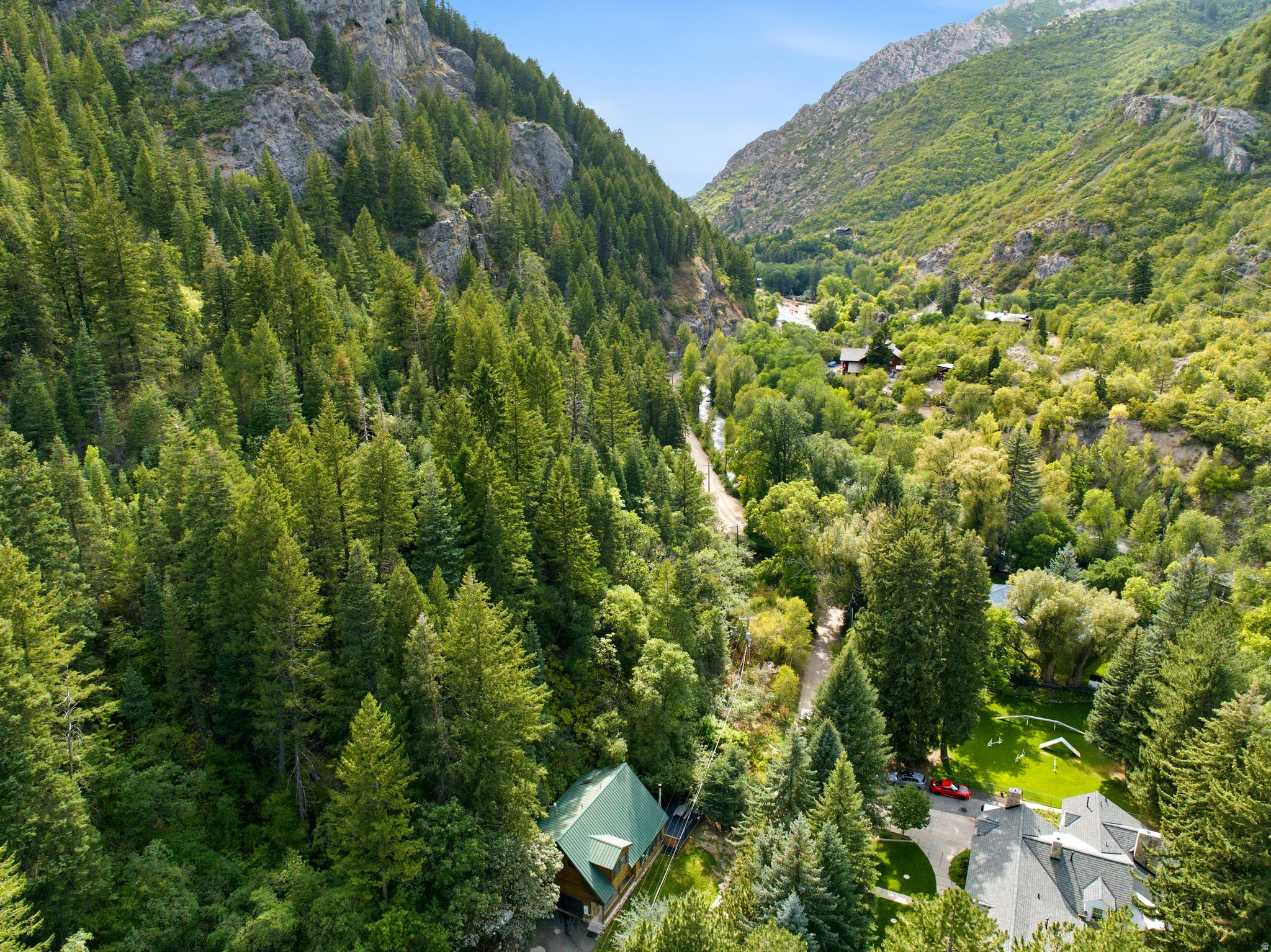 Mountain valley setting with dense evergreen forests and a clear blue sky