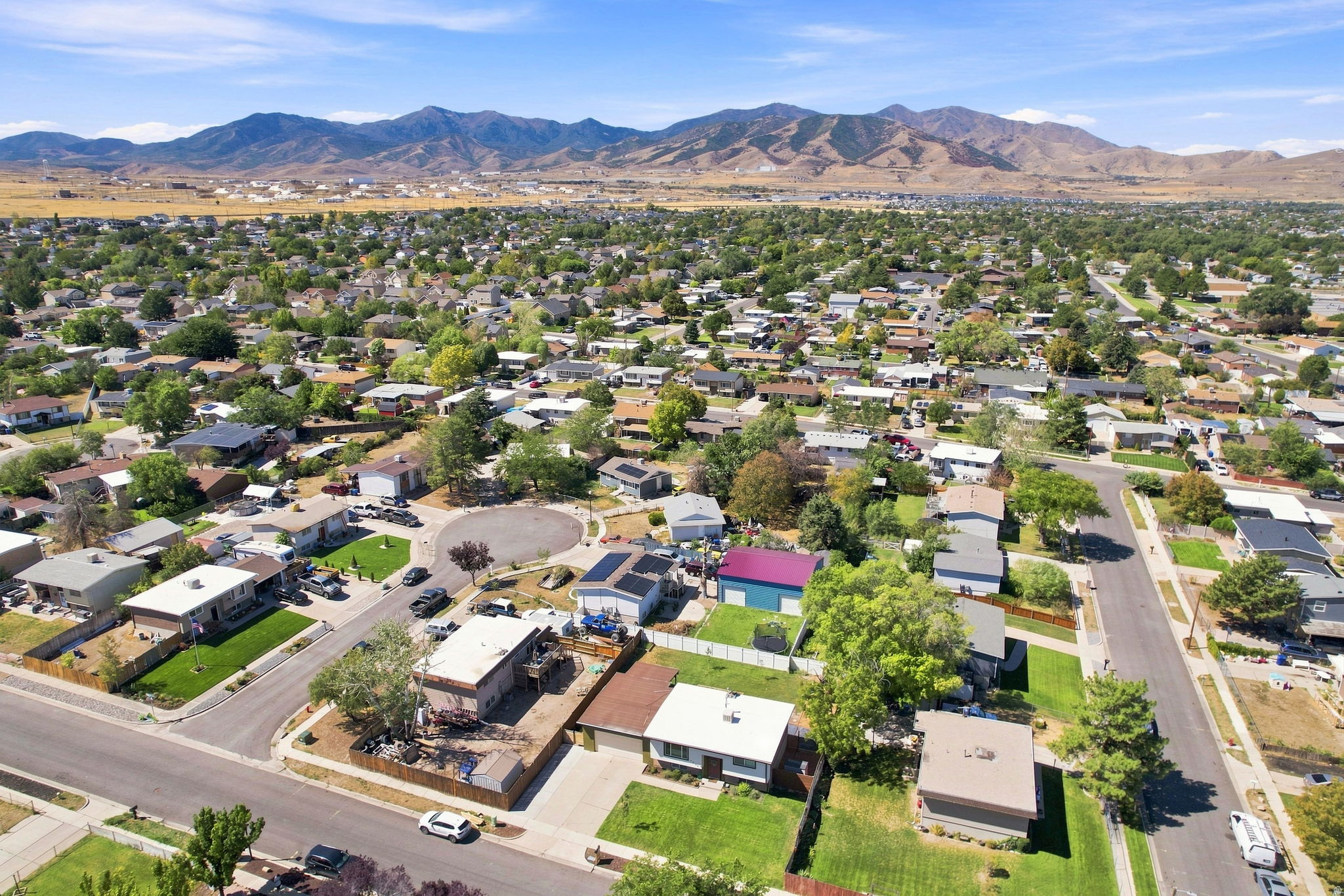Expansive neighborhood setting with mature trees and mountain backdrop