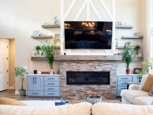 Beautiful gas fireplace with custom shelving