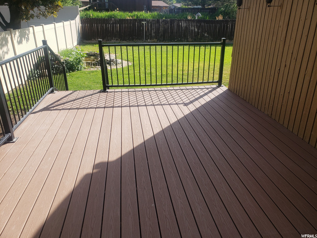 Deck with view of pond