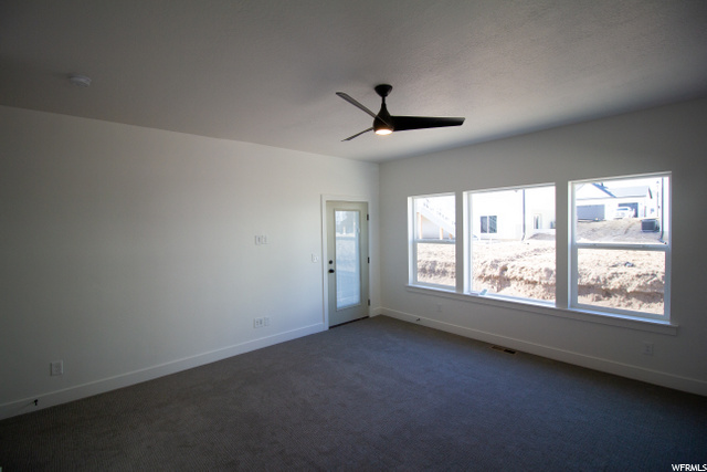 empty room featuring natural light, carpet, and a ceiling fan