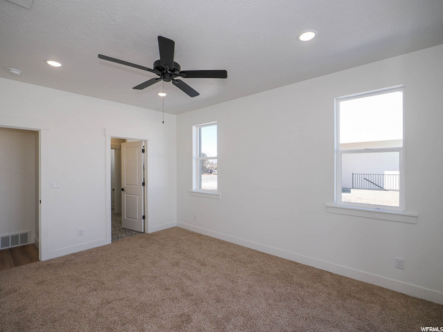 carpeted bedroom with natural light and a ceiling fan