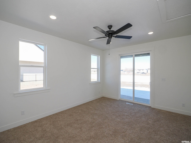 carpeted spare room with a wealth of natural light and a ceiling fan