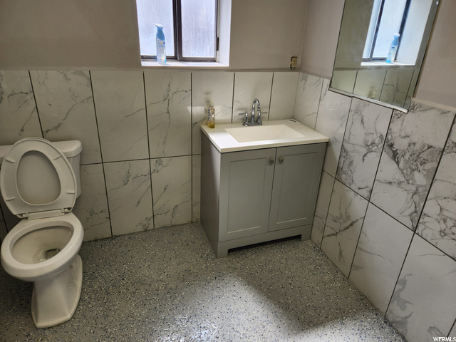 half bathroom featuring mirror, toilet, and vanity