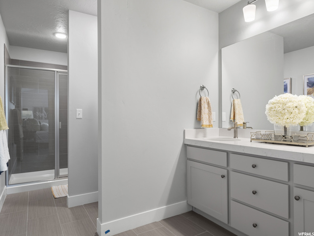 bathroom featuring mirror, vanity, and shower with shower door