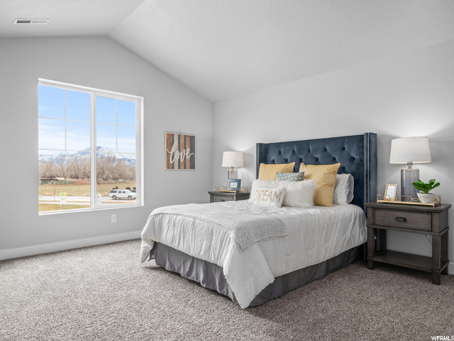 bedroom with carpet, natural light, and vaulted ceiling
