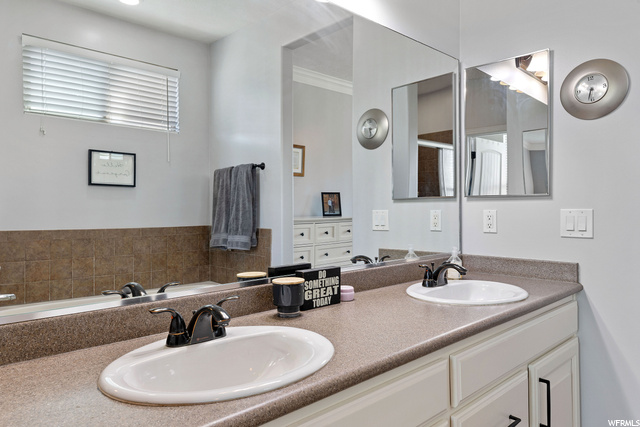 Bathroom featuring natural light, double sink vanity, mirror, and a washtub