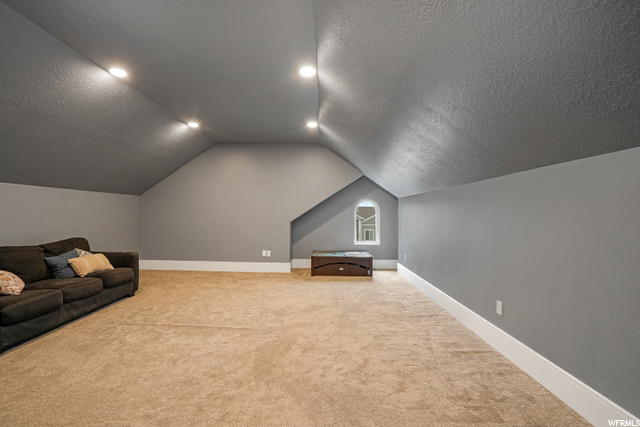 Home theater room with a textured ceiling, vaulted ceiling, and light carpet