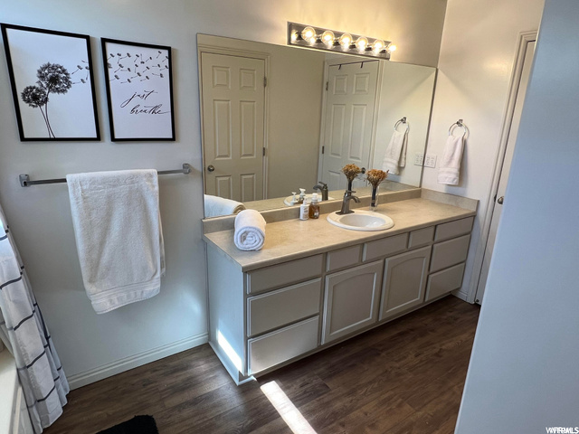 Bathroom featuring vanity, mirror, and dark hardwood floors