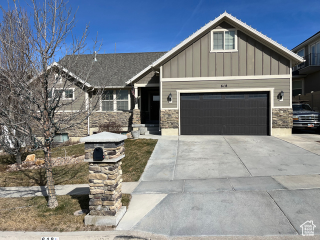 FRONT ELEVATION. MODERN RAMBLER PLAN WITH BONUS ROOM IN EXCELLENT BLUFFDALE SUBDIVISION