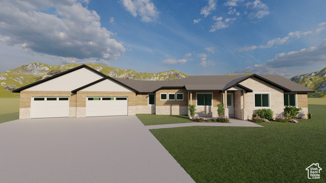 Rendering of the front of the rambler home with extra large 3 car garage