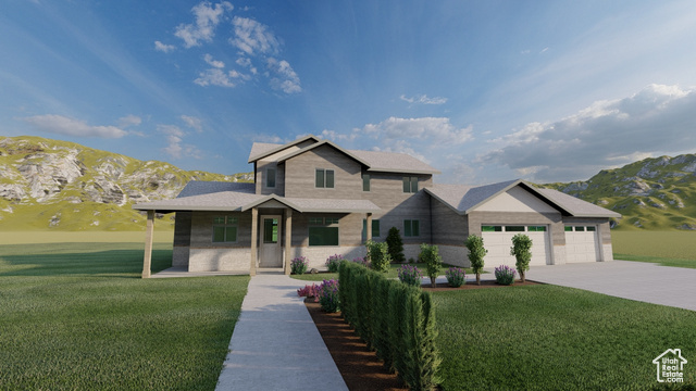 Rendering of front of property with a 3 car garage featuring a covered porch