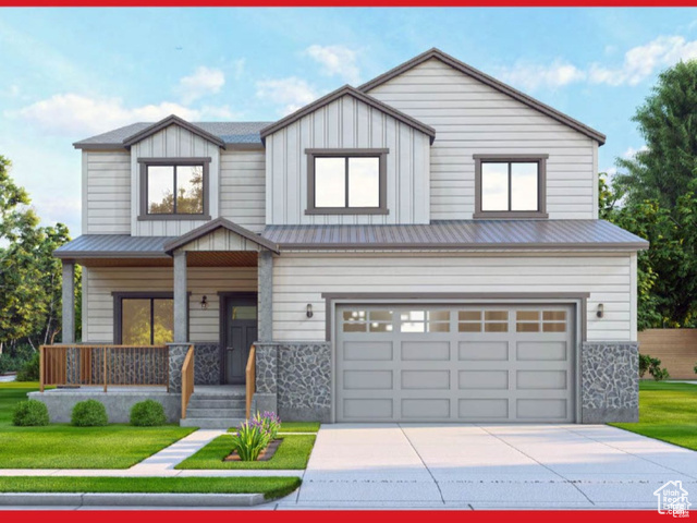 View of front facade with a porch, a garage, and a front yard