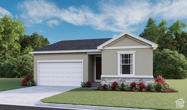 Single story home featuring a 3 car garage and a front yard landscaping included.Materials and colors may vary as this is a rendering of the home.