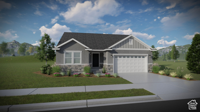 Craftsman house with a front yard, a garage, and a mountain view