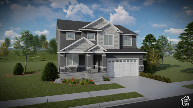 Craftsman-style house featuring a garage and a front lawn