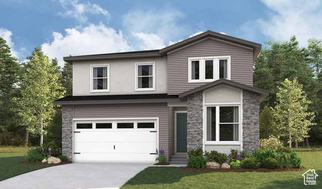 View of front facade featuring a garage and a front yard.Materials and color features selected may vary; this is a picture of a rendering of the floor plan.