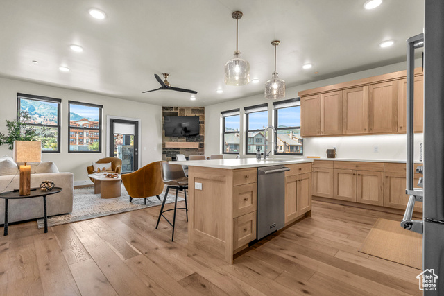 Kitchen with a stone fireplace, sink, light brown cabinets, light hardwood / wood-style floors, and dishwasher