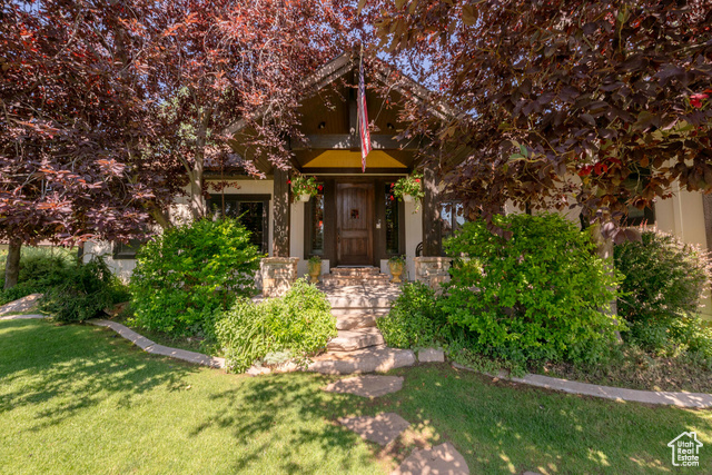 Front door with mature landscaping