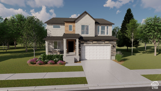 View of front of house with a garage and a front yard